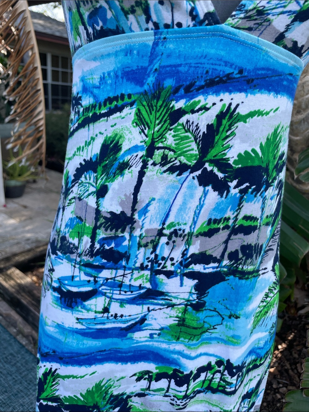 Tommy Bahama coastal maxi dress featuring a tropical boating  landscape - Picture 4 of 9